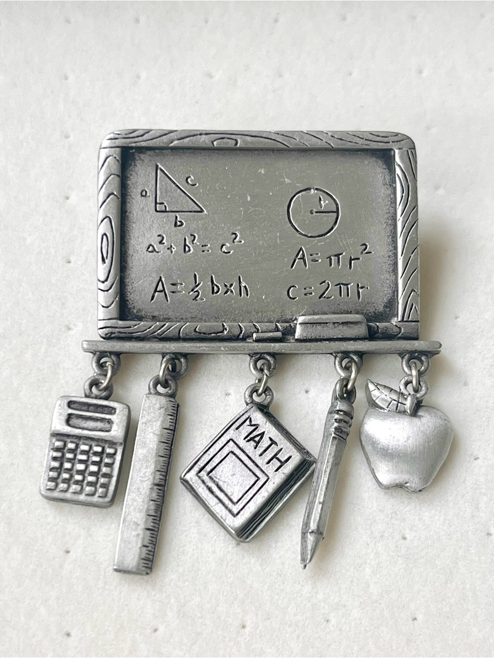 Vintage JJ Pewter Math Teacher Blackboard Brooch - Dangle Charms
